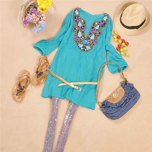 Women 's dresses 2016 new loose national trend embroidery beaded dress summer dress half sleeve