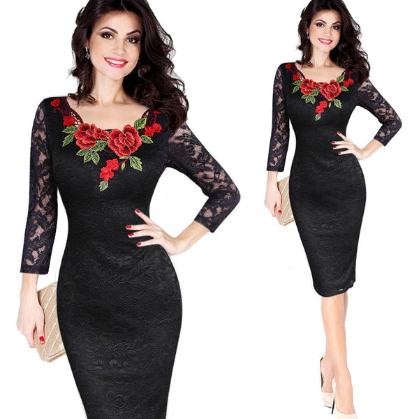 Vfemage Women Fall elegant embroidery see through lace evening party dress for a special occasion