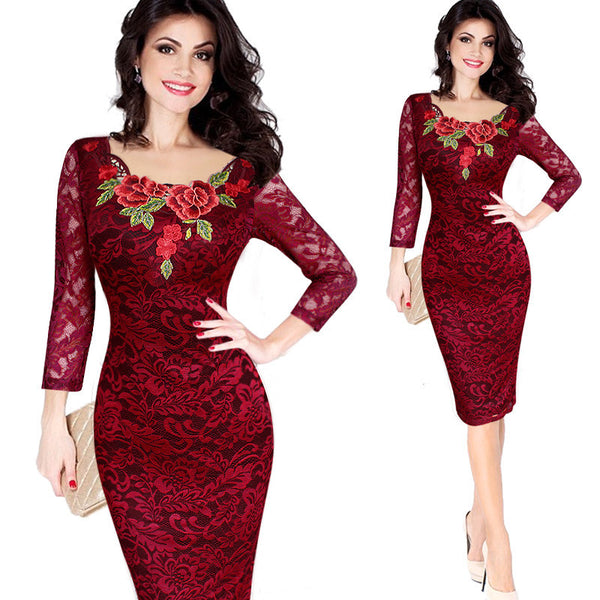 Vfemage Women Fall elegant embroidery see through lace evening party dress for a special occasion