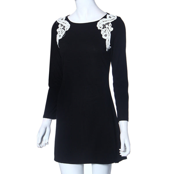 Brand new spring women lace stitching dress Sexy long sleeve round neck