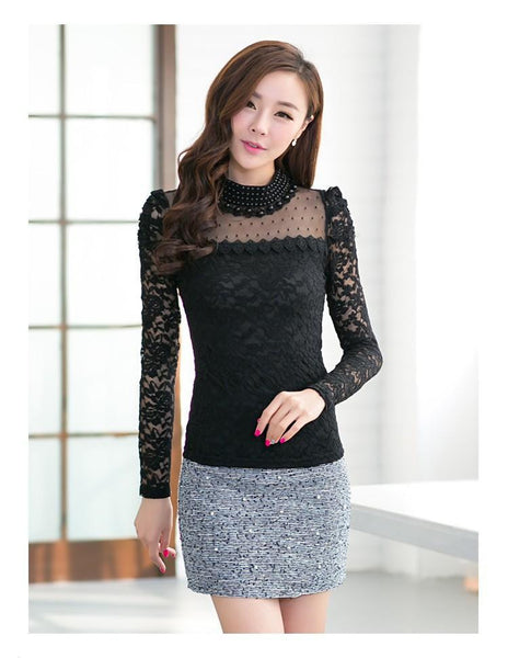 2016 New Fashion Women Shirts Support Spring pearl necklace crocheted lace blouse long sleeve shirts