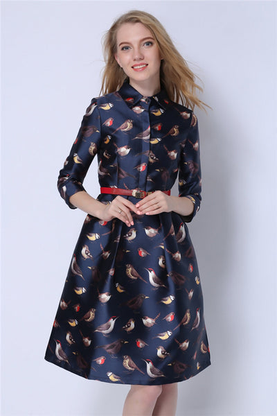 Autumn Birds Printing Women Dresses American and European top-end turn-down collar three quarter sleeve high waist a-line wedding dress