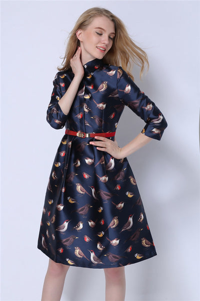 Autumn Birds Printing Women Dresses American and European top-end turn-down collar three quarter sleeve high waist a-line wedding dress