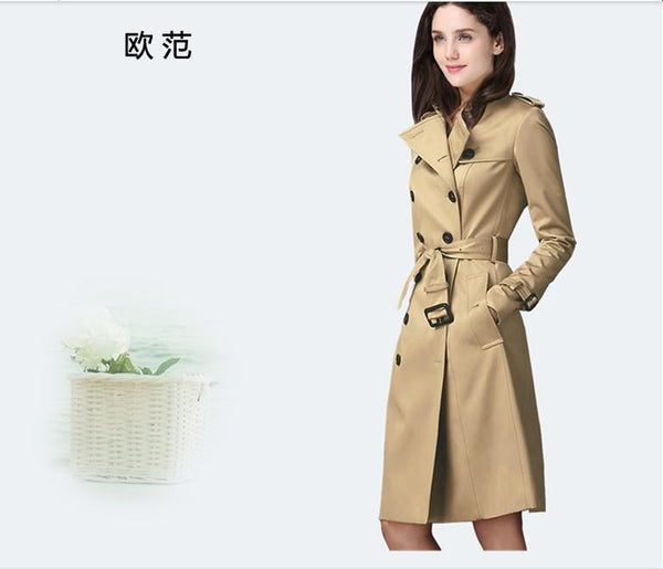 2017 Ladies rain jacket long trench coat female British style double breast jacket khaki windbreaker