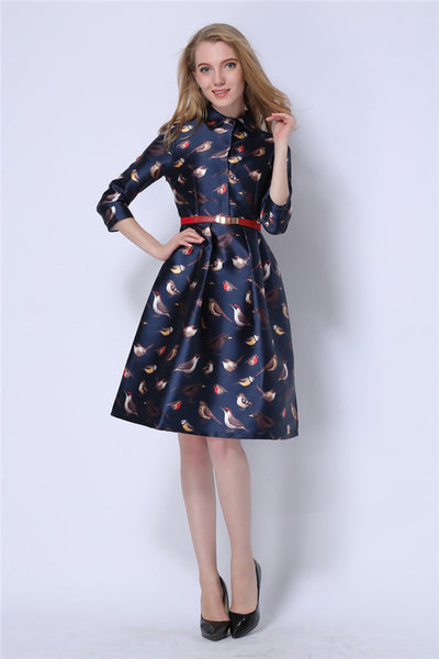 Autumn Birds Printing Women Dresses American and European top-end turn-down collar three quarter sleeve high waist a-line wedding dress