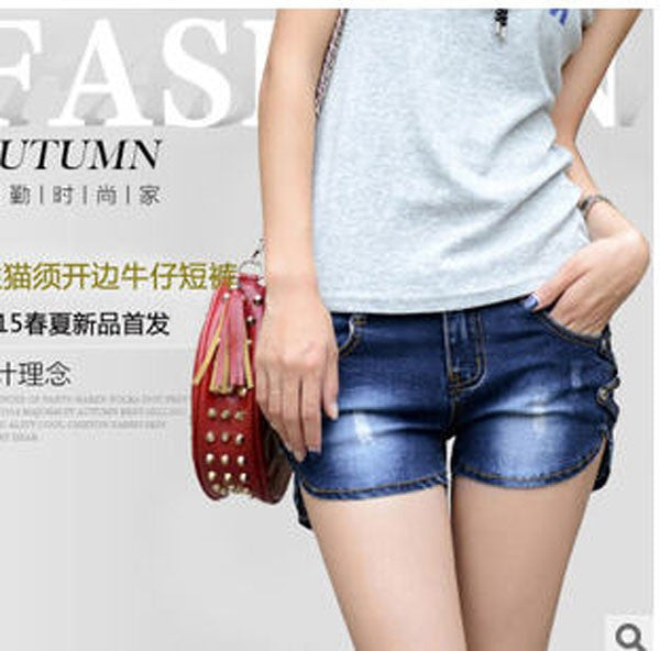 New Arrival Summer fidgeted jeans pants Korean large size women's Slim jeans mid waist dark blue Bermuda shorts