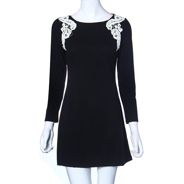 Brand new spring women lace stitching dress Sexy long sleeve round neck