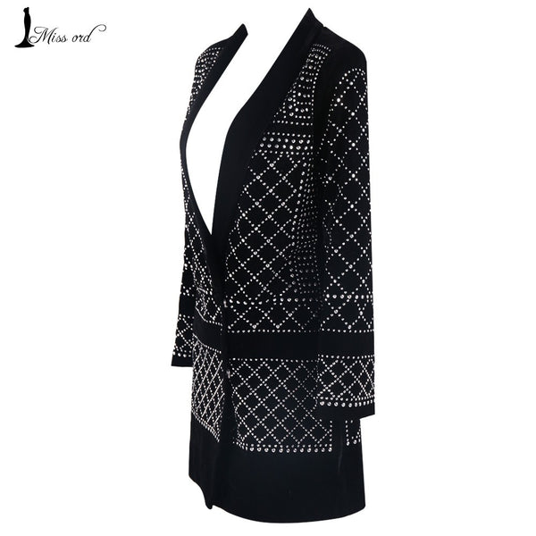 Missord 2017 sexy V-neck long-sleeved dress velvet blazer rhinestone inlaid