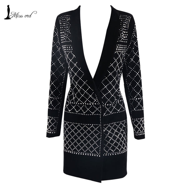 Missord 2017 sexy V-neck long-sleeved dress velvet blazer rhinestone inlaid