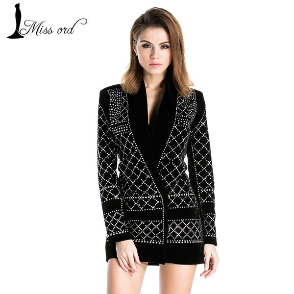 Missord 2017 sexy V-neck long-sleeved dress velvet blazer rhinestone inlaid