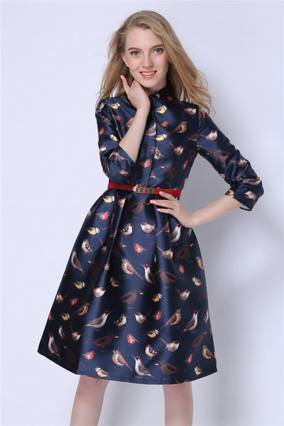 Autumn Birds Printing Women Dresses American and European top-end turn-down collar three quarter sleeve high waist a-line wedding dress