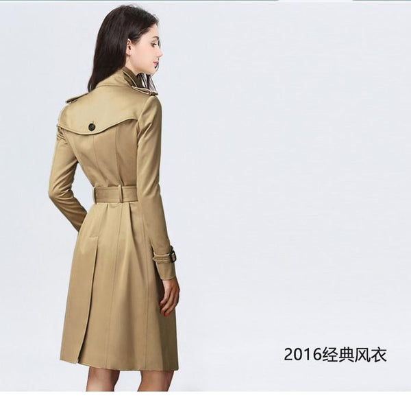 2017 Ladies rain jacket long trench coat female British style double breast jacket khaki windbreaker