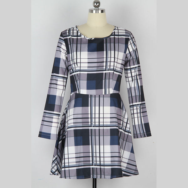 2016 New Arrival Women's Dress Printing Pattern Checkered Long Sleeve