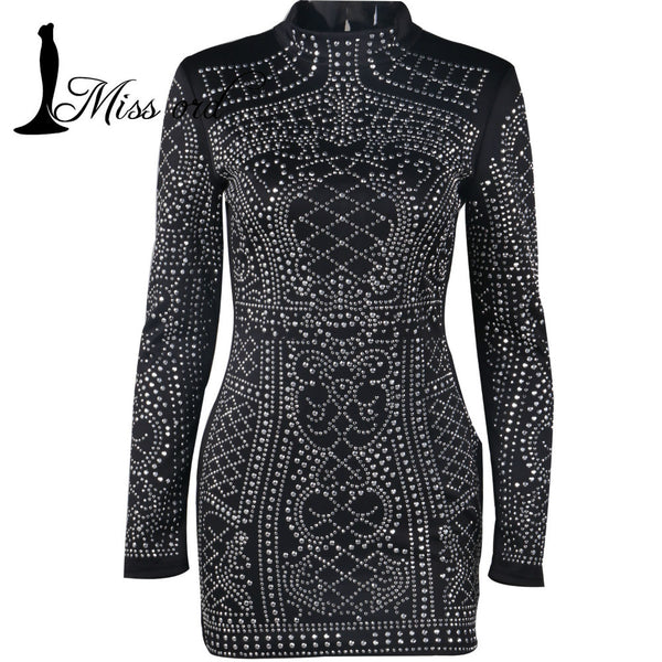 2017 sexy high geometric retro rhinestone collar long-sleeved bodycon dress party dress