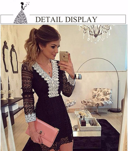 2016 new fashion women dress a-line sexy black lace dress casual hollow out long sleeve mini Dess