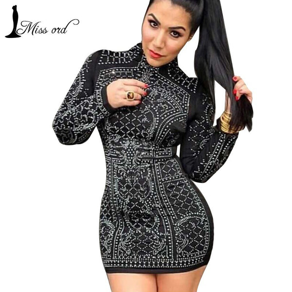 2017 sexy high geometric retro rhinestone collar long-sleeved bodycon dress party dress