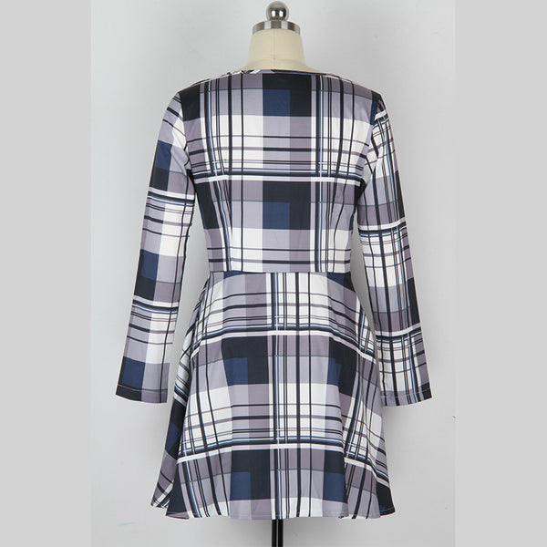 2016 New Arrival Women's Dress Printing Pattern Checkered Long Sleeve