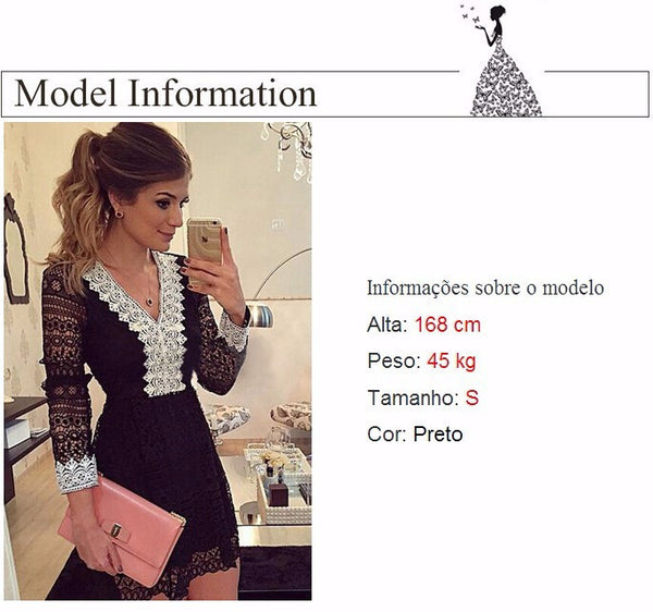 2016 new fashion women dress a-line sexy black lace dress casual hollow out long sleeve mini Dess