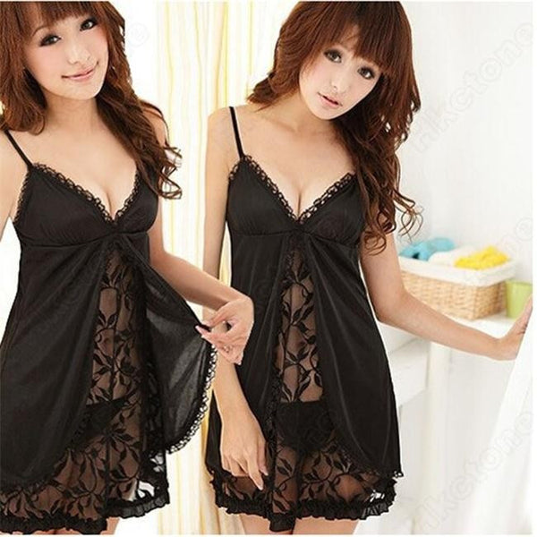 New Women Lady Lace Lingerie Babydoll Sleepwear + G-String Set Black