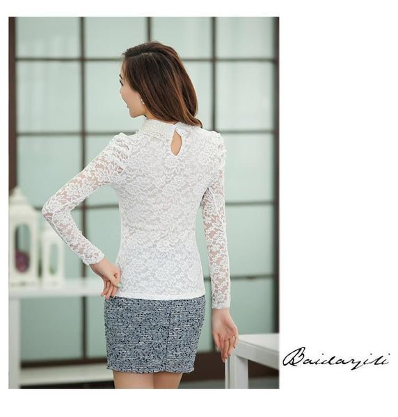 2016 New Fashion Women Shirts Support Spring pearl necklace crocheted lace blouse long sleeve shirts