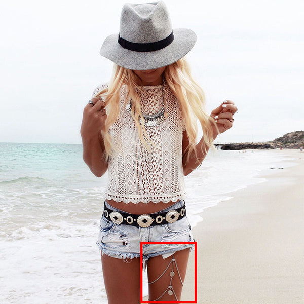 2017 New Celebrity sexy fashion women elastic layer 2 Tier hip leg necklace chain gold jewelry harnessed beach bikini body