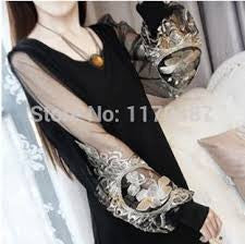 2016 Summer sweet chiffon dress embroidered lantern sleeve long-sleeved lace