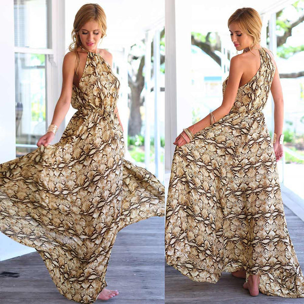 New Fashion snake print chiffon dress women spaghetti straps high split maxi dress