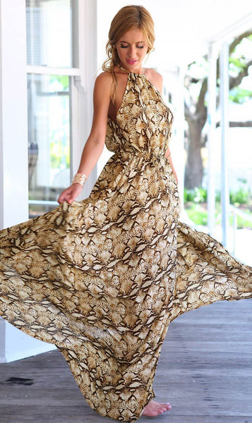 New Fashion snake print chiffon dress women spaghetti straps high split maxi dress