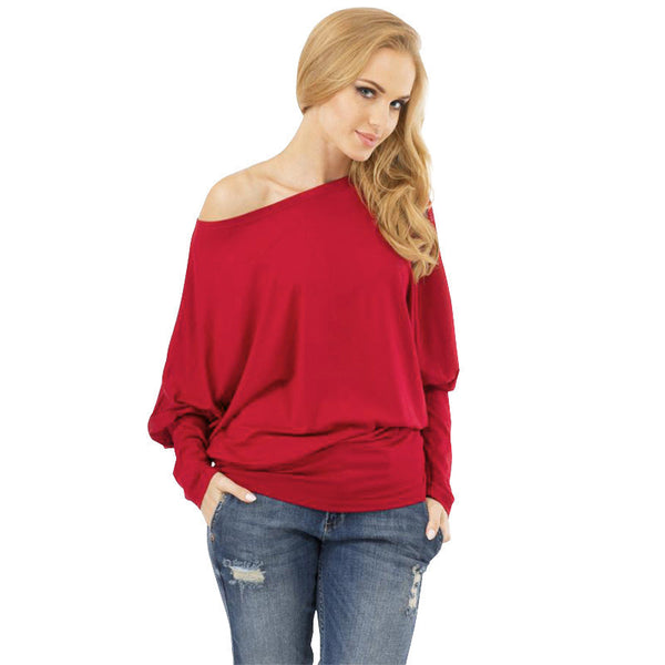 New Brand Cotton Long Batwing Sleeve Round Neck One Shoulder Causal winter T-shirt