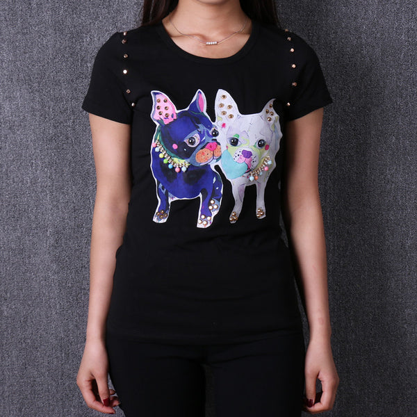 Winter and Spring women cotton printed cartoon rhinestone Tshirt