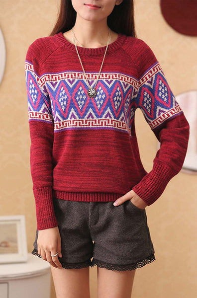 New Casual Women Ethnic Knitted Sweater or Pullovers having Long Sleeves O neck